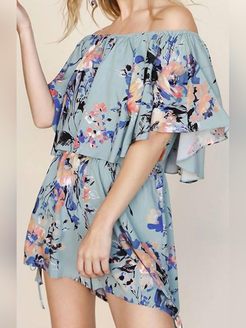 Umgee USA Floral Off-The-Shoulder Romper in Sage. Size medium